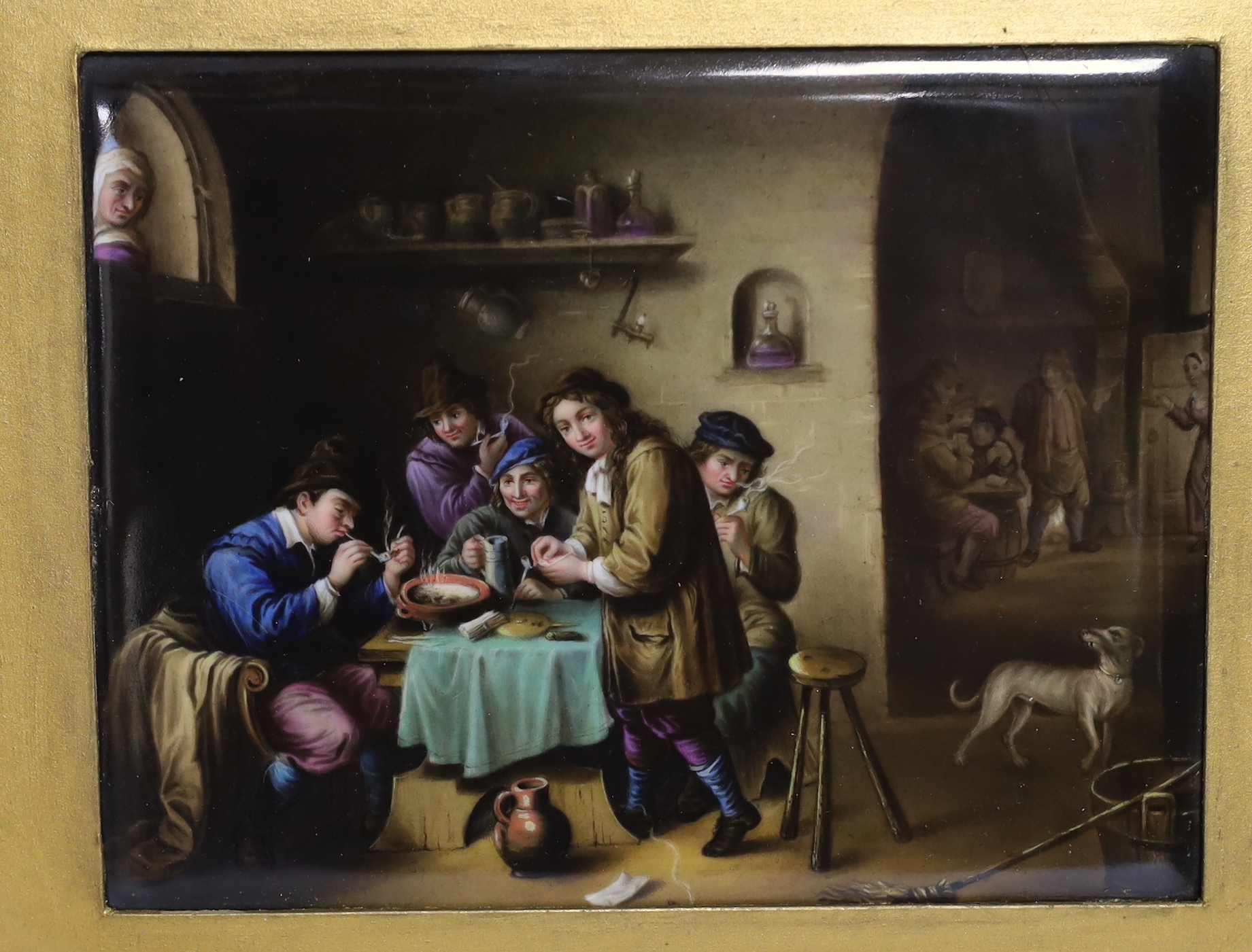 A Late 19th century porcelain plaque, painted with a tavern scene with figures, after Teniers, ornate gilt framed, 18 x 14cm